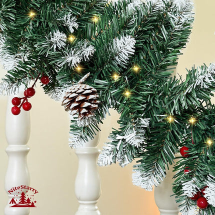 9FT Prelit Christmas Garland with Lights, Battery Operated Lighted Garland with Pine Cones &Red Berries, Snowy Christmas Garland for Mantle, Fireplace Indoor &Outdoor