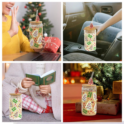Christmas Iced Coffee Cup, Practical Birthday , 18oz Christmas Cake Tree Tumbler Can Glass, Reusable Beer Can Drinking Glass for Christmas Decor