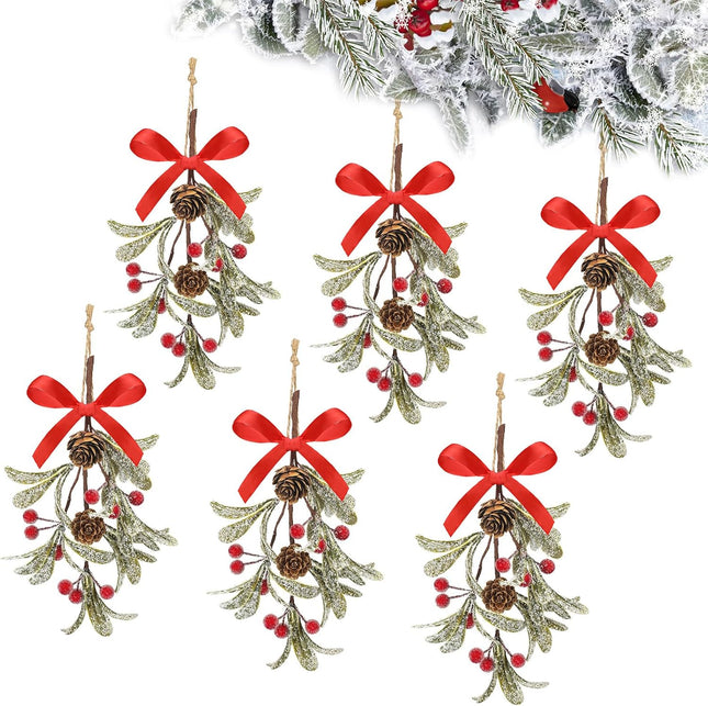 Giegxin 6 Pieces Christmas Mistletoe Decor Artificial Mistletoe Ornament with Red Bow Christmas Hanging Mistletoe Decoration Bouquet Natural Pine Cones Christmas Tree Accessories (Bright Style)