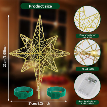 Christmas Star Tree Topper, Lighted Bethlehem Star Tree Topper 40 LED Lighted with Remote Control 8 Mode Lighting for Indoor Home Decor, Gold