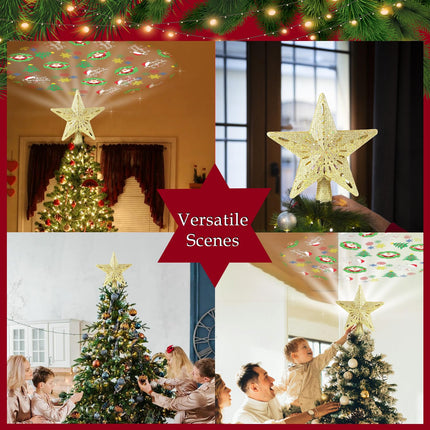 Christmas Tree Topper Lighted with 8 Projection Modes, Christmas Star Tree Topper Built-in LED Rotating Lights, 3D Gold Star Tree Top Glitter Projector for Xmas Party Holiday Decorations