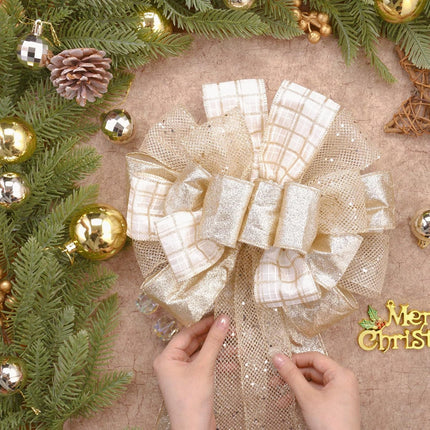 Christmas Tree Topper Bow 52x12“ Christmas Ornament with Glitter Satin Mesh Streamer,for Your Christmas Decor & Ornaments (Champagne Gold)