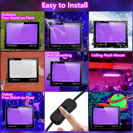 d 240W LED Black Light with 10ft Cable, IP66 Outdoor Blacklight Flood Light, Powerful Washer Light with Plug Switch for Christmas Halloween Neon Glow Dark Party Fluorescent Body Paint, 2 Pack