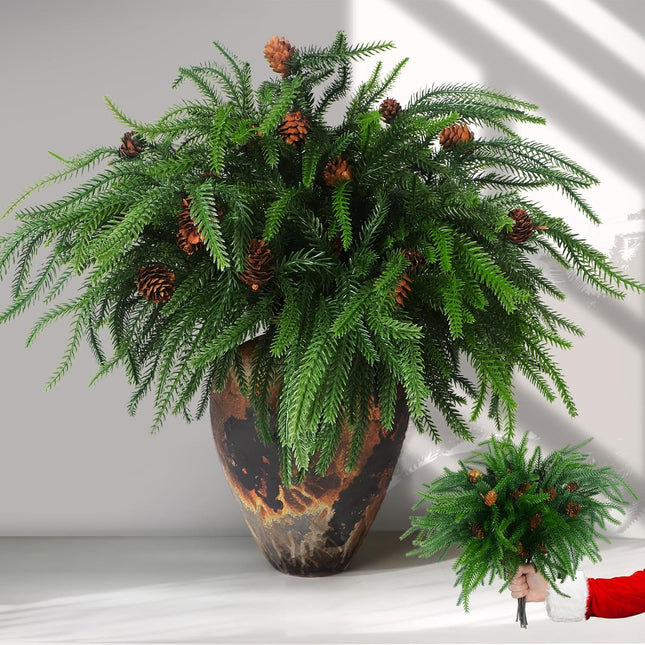 12 Pcs Real Touch Norfolk Pine Branches with Pine Cones,Christmas Artificial Norfolk Pine Stems for Vase,DIY Crafts Faux Greenery Stems for Indoor/Outdoor Christmas Decor.