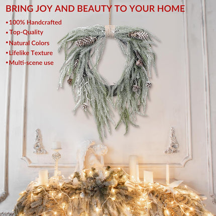 Dingion Norfolk Pine Wreath for Front Door 23 Inch Pinecone Artificial Christmas Cedar Wreath with Pinecones Rustic Farmhouse Wreaths for Kitchen Cabinet Porch Wall Window Mantel Holiday Xmas Decor