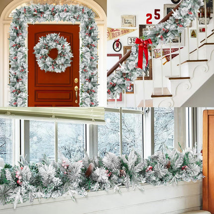 9FT Prelit Christmas Garland with 100 Lights for Mantle - Flocked Christmas Garland with Norfolk Pine Branches Cedar Pine Cone Berry Garland with Battery Operated Lights Outdoor Christmas Decorations