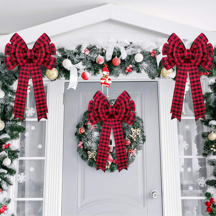 Chuangdi 4 Pieces Christmas Buffalo Plaid Bows 19.3x10 Inches Red Black Large Plaid Christmas Wreath Bows Xmas Buffalo Check Bows Ornaments for Christmas Tree Indoor Outdoor Decorations