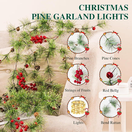 6.56FT Christmas Garland with Lights 100 LED Prelit Christmas Smokey Pine Garland, 8 Flash Modes and Timer for Xmas Table Mantle Fireplace Wall Room Outdoor Indoor Decoration