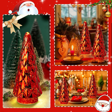 Mercury Glass Christmas Tree, 2-Pack Lighted Xmas Tree Decorations, Holiday Centerpiece Battery Operated LED with Timer, Decorative for Tabletop Window Mantel Display Party Indoor Home Decor(RED)