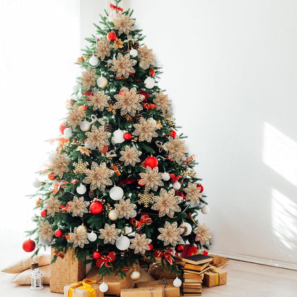 WILLBOND 36 Pieces Christmas Poinsettia Flowers Artificial Ornaments Glitter Christmas Decorations Tree Wedding Year(Champagne)