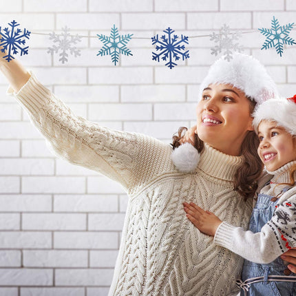3 Pieces Snowflake Glittery String Garland White Blue and Light Blue Snowflake Banner Snowflake Hang Decoration for Christmas Holiday Party, Winter Carnival, Ice-and-Snow Themed Gatherings