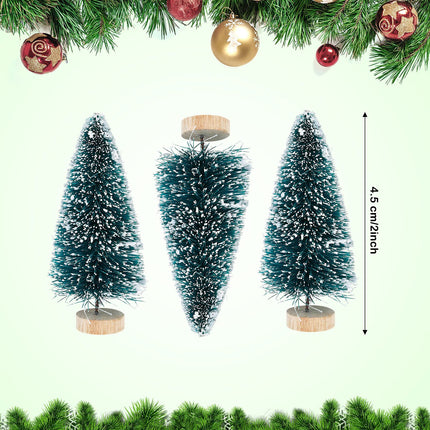 Mini Bottle Brush Pine Trees with Wood Base - Winter Snow Frost Decor and Ornaments, 72 Pieces
