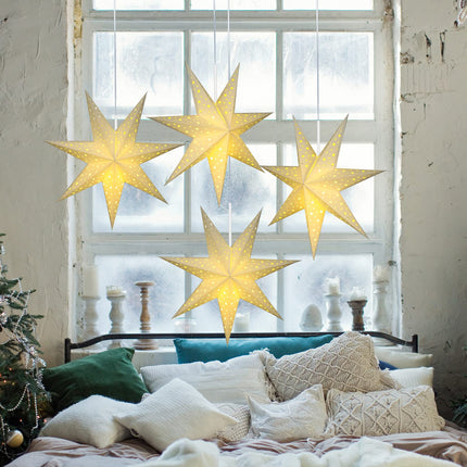 Christmas Star Paper Lantern 7 Pointed Star Paper Lantern with 10 LED Light String Hanging Pendant Lampshade Ornament for Weddings Holiday Birthday Home Decor 19.7 Inch(Classic,White)