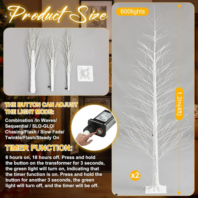 2 Pack 4ft Lighted Birch Tree LED Warm White Lights Twig Tree with Twinkle Lights Artificial Tree Light for Christmas Outdoor Indoor Home Decorations, 8 Modes