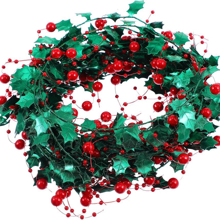 Fanwaoo 16 Feet Christmas Tree Beads Strings Pearl Berry Beads Strands Garland Artificial Green Leave Chain Plastic Beads Roll Christmas Decoration for Wedding Holiday Party Home Indoor Outdoor Green