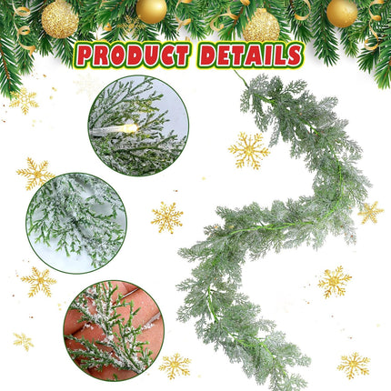 2 Pcs 5.84 Ft LED Artificial Frosted Pine Garland Glitter Frosted Cedar Garland Christmas Faux Cypress Pine Garland Winter Greenery Garland for Table Mantel Holiday Decorations