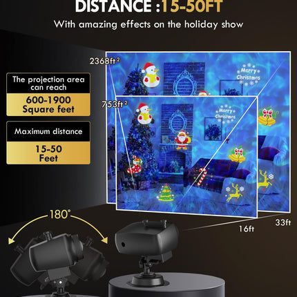 Christmas Projector Lights, Holiday Projector Outdoor, 2 in 1 HD Effect Pattern Snowflake Projection Lamp, with Remote control, Timer Memory Function, 10 slides for Various Festive Atmosphere