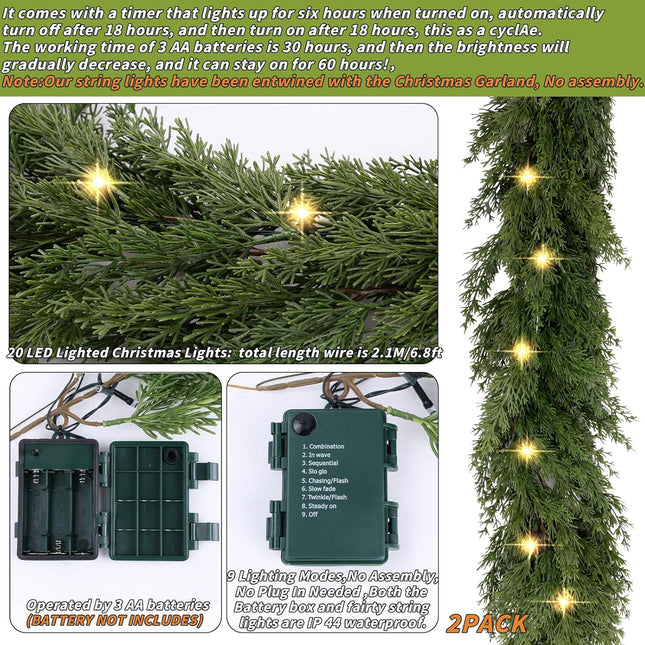 6.2 FT Prelit Christmas Cedar Garland 2 PCS, Realistic Artificial Pine Needle Garland Faux Cypress Greenery Garland with 20 Lights for Christmas Table Mantle Wall Room Outdoor Indoor Winter Decoration