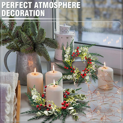 Christmas Candle Rings Artificial Red Berries Snowy Pine Needles Garland Candle Rings Wreaths Candle Rings for Pillars Rustic Wedding Centerpiece Christmas Table Decoration for Front Door (6 Pcs)