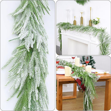 2 Pcs Snow Flocked Norfolk Pine Garlands, 72 Inch Real Touch Winter Pine Garland, Green Artificial Greenery Garland for Table, Mantle, Wall, Indoor, Outdoor Christmas Decorations