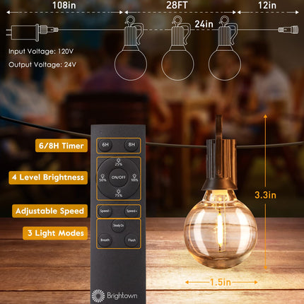 Brightown Outdoor String Lights with Remote, 38Ft(28+10) Patio Lights Outdoor Waterproof, String Lights for Outside with 15 Shatterproof LED Bulbs, Hanging Lights for Porch Balcony Bistro Cafe