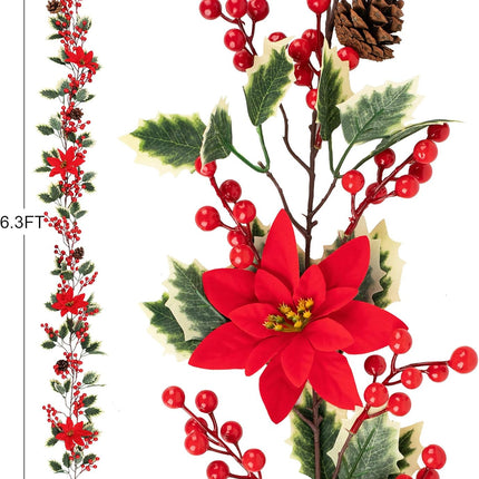 Mocoosy 6.3FT Red Berry Christmas Garland with Pine Cones and Poinsettia, Artificial Berries Garland Poinsettia Christmas Decorations for Indoor Outdoor Fireplace Winter Holiday Xmas Home Decor