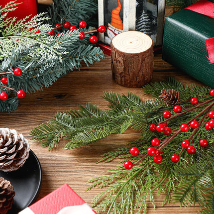 Tigeen 30 Pcs Christmas Artificial Pine Branches with Berry Stems 16 Inch Christmas Greenery Stems with Pine Cone Faux Cedar Pine Needles Picks for Xmas Tree Vase Wreath Garland DIY(Red)
