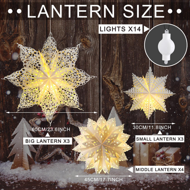Mudder 10 Pcs Snowflake Paper Lantern Paper Star Lantern with 14 LED Light Paper Lamp Frozen Party Hanging Decoration for Christmas Weddings Year Birthday Holiday Celebration, White