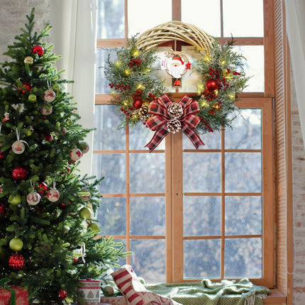 Christmas Wreaths for Front Door, 21 Inch Pre-Lit Christmas Wreath with 40 LED Lights, Santa Claus Lighted Wreath Christmas Decoration for Door Porch Fireplace Window