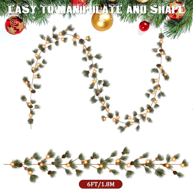 3 Pcs 6 ft Christmas Garland with Lights Prelit Smokey Pine Garland Lighted Christmas Garland 60 LED Battery Operated for Indoor Outdoor Xmas Tree Bedroom Stairs Fireplace Party Holiday