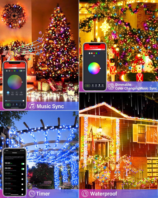 Smart Outdoor Christmas String Lights DIY Color Changing, 66FT 200Led Christmas Fence Lights App Remote Control, Group Control Dynamic Fairy Twinkle Lights for Room Xmas Trees Decoration