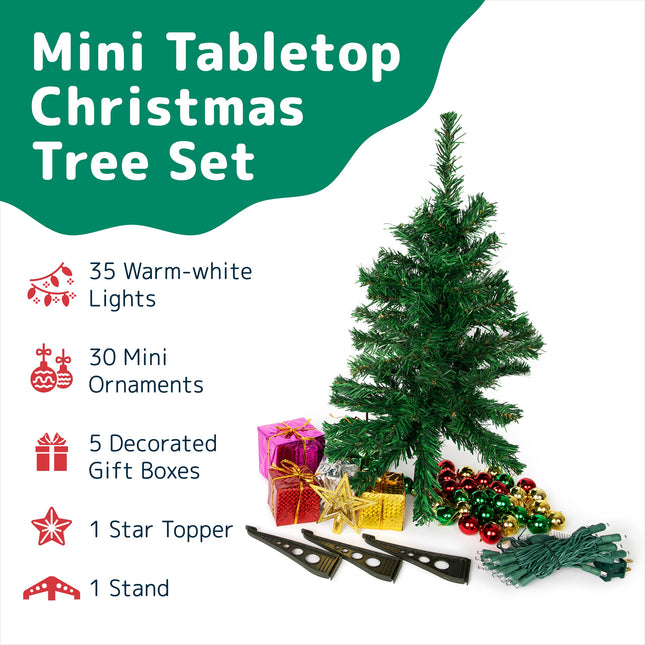 Prextex 23 Inch Tabletop Mini Christmas Tree Set with Warm-White LED Lights, Star Topper, Boxes and Ornaments - Small Christmas Tree for Desk or Table - Easy Setup Christmas Decorations