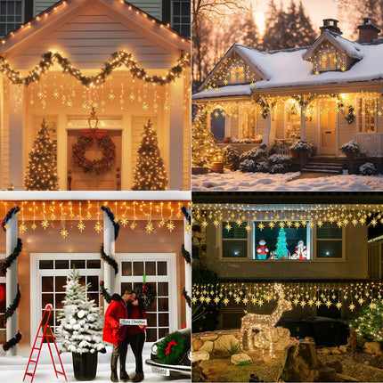 Enhon 14 Drops Christmas Snowflake Icicle String Light Outdoor, 11.5FT 175 LED Large Hanging Snowflake Icicle Lights with 8 Lighting Modes, Bethlehem Christmas Star Outdoor Light(Warm White)