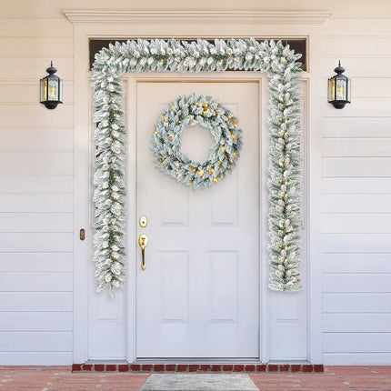 Glitzhome 2pk 6ft Pre-Lit Snow Flocked Christmas Garlands, with 35 Warm White LED Lights and Timer for Home Fireplace Windows Front Door Christmas Holiday Party Hanging Decorations