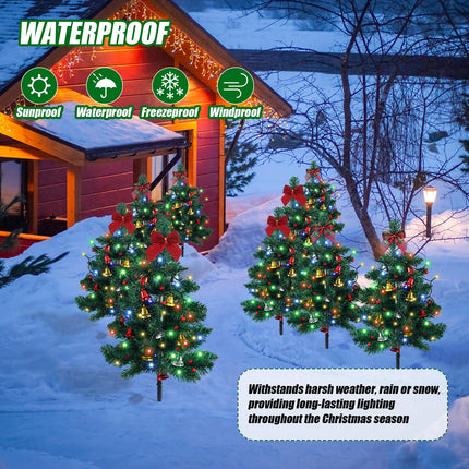 Libima 8 Pcs Solar Powered Christmas Tree Stake Lights Outdoor Decorations Waterproof with Bow Tie Red Berries Bells for Xmas Patio Yard Garden Pathway Cemetery Grave, Constant and Flashing Modes