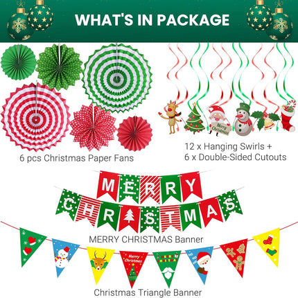 27Pcs Christmas Decorations Kit, Merry Christmas Banner, Paper Fan Flower, Hanging Garland Triangle Bunting, Xmas Tree Elk Snowman Swirl Streamers for Christmas Decor Party Supplies