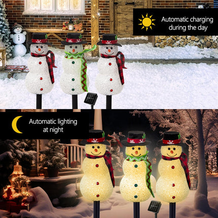 Solar Christmas Snowman Lights Outdoor Decorations, Set of 3 Led Stake Lights, Waterproof Walkway Landscape Lights for Winter Yard, Garden, Lawn Decor (Snowman-Warm White)