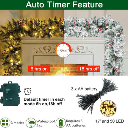 9FT Christmas Garland Decoration, Battery Operated Lighted Prelit Garland with Timers Pine Cones Berries Lush Branches, Snowy Xmas Garland for Mantle, Stairs, Fireplace, Outdoor, Party, Home Decor