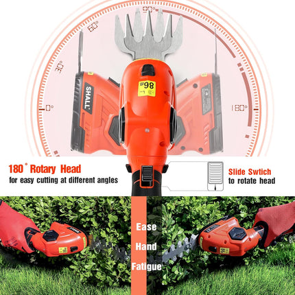 SHALL Cordless Grass Shear & Hedge Trimmer - 7.2V Electric Shrub Trimmer 2 in 1 Handheld Grass Trimmer Hedge Shears, Hedge Clippers Grass Cutter w/ Pruning Scissor, Rechargeable Battery & Fast Charger