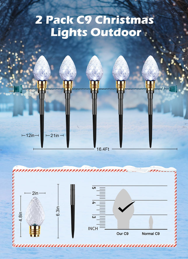 Brightown 2 Pack Strawberry C9 Christmas Pathway Lights Outdoor - Total 34.8 Feet 20 LED C9 Walkway Lights, Multicolor Bulb Christmas Lights Outdoor Decorations for Lawn Holiday Yard, Pure White