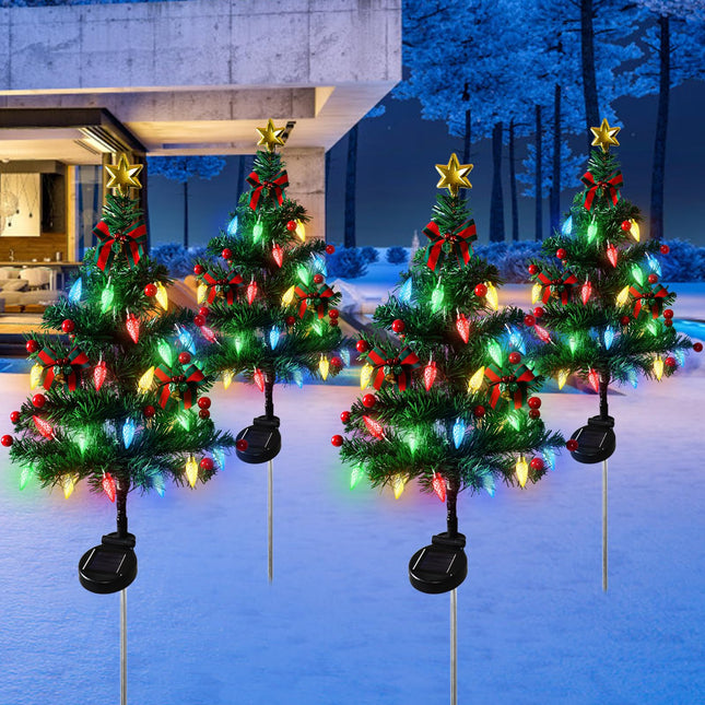 TOCHGREEN 4Pack Solar Christmas Tree Garden Stake Lights Outdoor Waterproof 80LED Xmas Pathway Lights Prelit Yard Stake for Christmas Porch Pathway Patio Yard Decoration (4pcs Solar Christmas Tree)