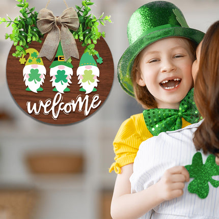 St Patrick Day Welcome Sign for Front Door Décor St Patrick Day Wood Door Wreath with Gnomes Shamrock Burlap Bow Decoration