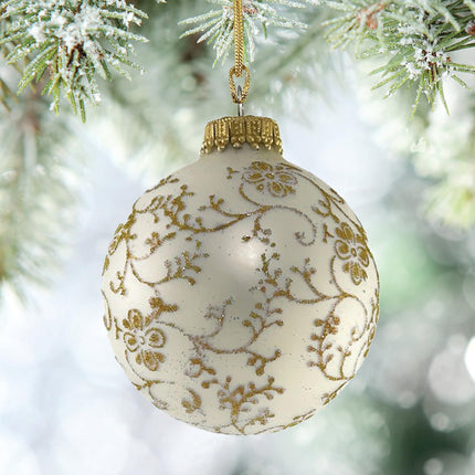 Glass Christmas Tree Ornaments - 67mm/2.625" [4 Pieces] Decorated Balls from Christmas by Krebs Seamless Hanging Holiday Decor (Classic Antique Velvet with Gold Glitterlace)