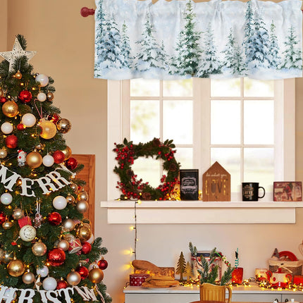 Christmas Valances for Windows Pine Tree Forest Christmas Kitchen Curtain Valances Rod Pocket Winter Snow Window Curtain Treatment Short Topper Curtains Seasonal Valance Christmas Decor, 42x12 Inch