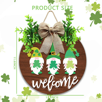 St Patrick Day Welcome Sign for Front Door Décor St Patrick Day Wood Door Wreath with Gnomes Shamrock Burlap Bow Decoration