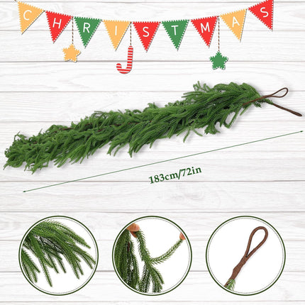6FT Artificial Christmas Norfolk Pine Garlands,Real Touch Winter Pine Garland,Green Artificial Greenery Garland for Table, Stairs,Mantle, Wall, Indoor, Outdoor Christmas Decorations,Natural Droopy
