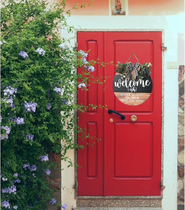 Welcome Sign for Front Door-Round Wood Wreaths Farmhouse Wood Door Hanger for Home Decor Indoor and Outdoor, Classroom,Christmas,All Seasons