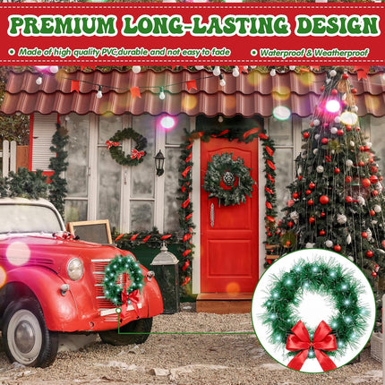 2 Pieces 13 Inch Car Christmas Wreath with 20 Small White Light Christmas Car Decoration with Red Bow Christmas Wreath for Car with Battery Case for Car, Suv Winter Christmas Decorations
