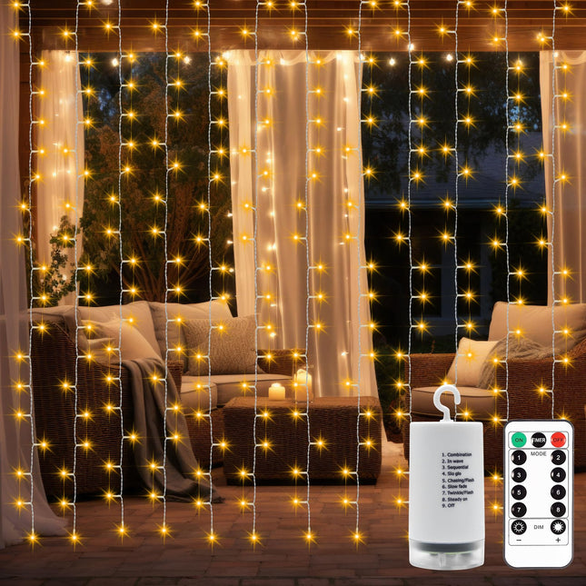 Battery Operated Curtain String Lights,9.8ft×9.8ft 300 LED Battery Curtain Lights with Remote Timer 8 Modes, Waterproof Curtain Fairy Lights for Outdoor Indoor Wedding Christmas Decor (Warm White)