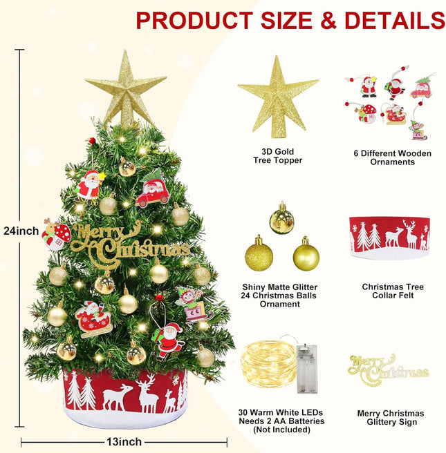 24 Inch Mini Table top Christmas Tree with Timer 30 LEDs & 34 Ornaments 2 Ft Small Tabletop Christmas Tree with Lights Artificial Christmas Decorations Desk Kid Room Office Home Decor Xmas